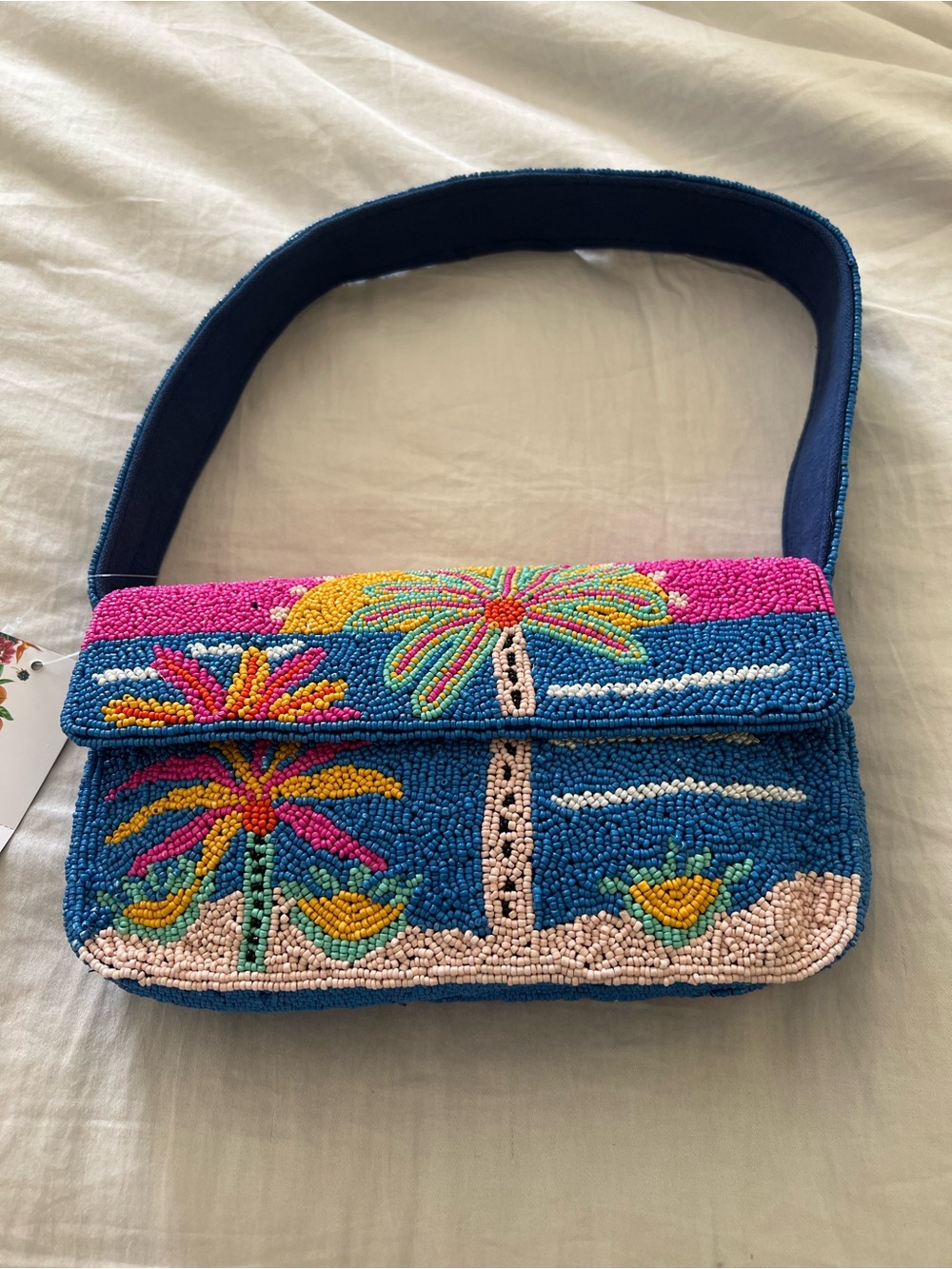 Beaded Tropical Palm Tree Shoulder Bag in Blue and Pink